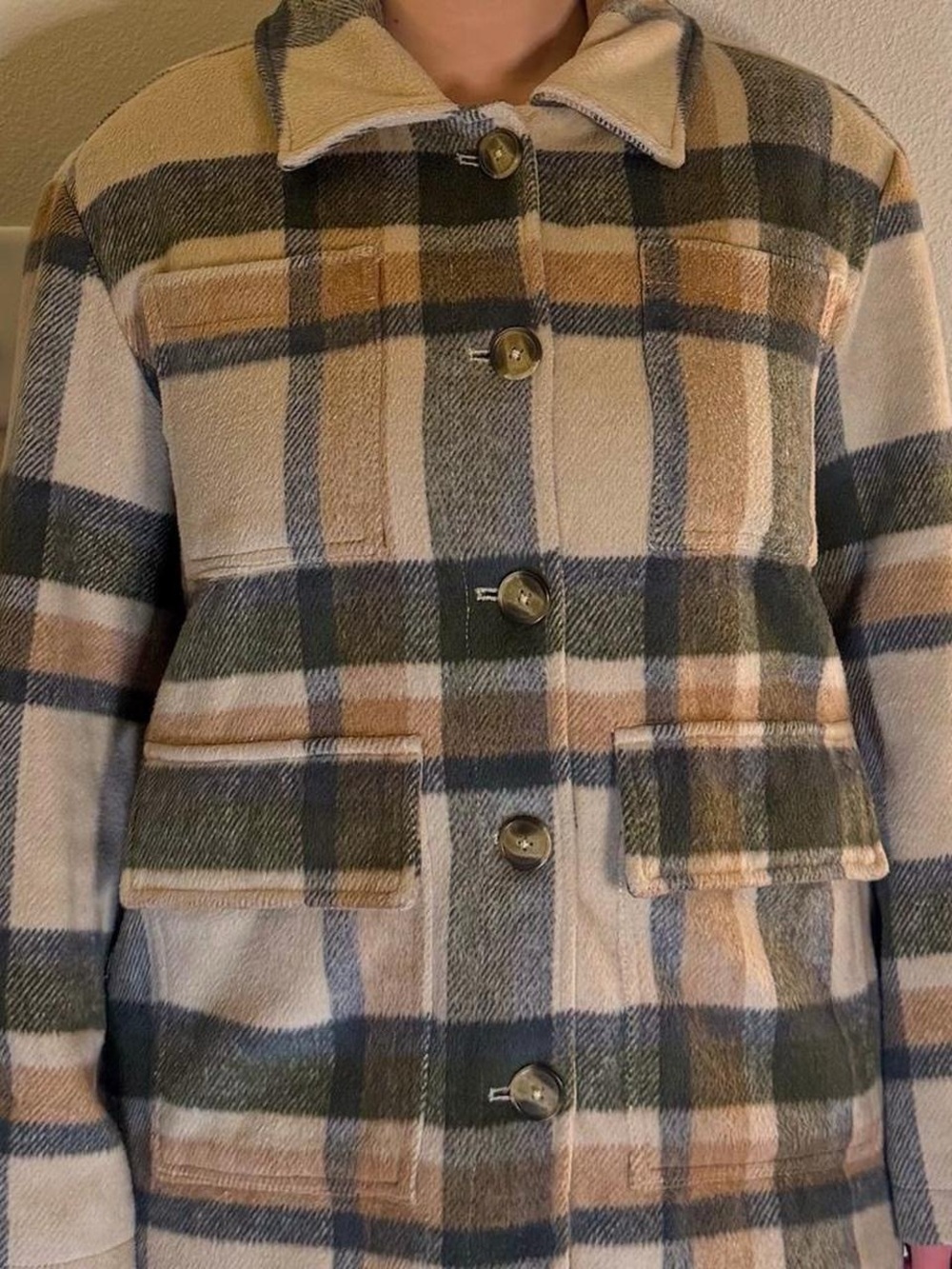 American Eagle Outfitters Plaid Button-Front Coat in Cream, Tan & Green